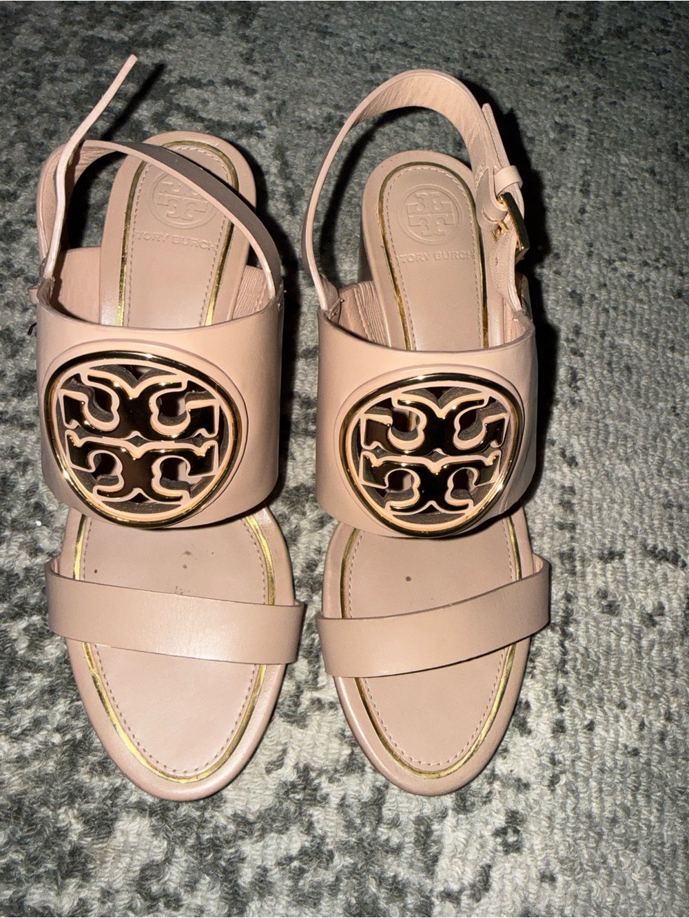 Tory Burch Nude Leather Logo Medallion Slingback Sandals